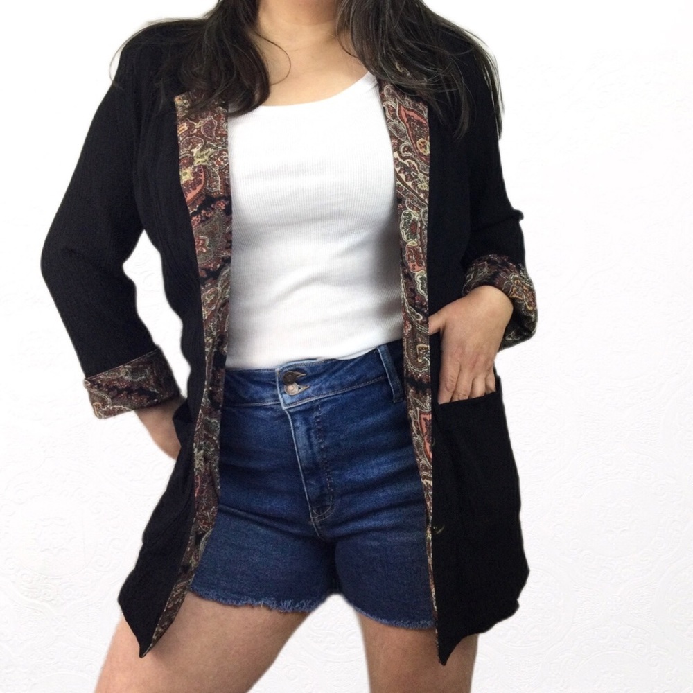 Vintage Carole Little black boyfriend blazer paisley cuffs and collar lapel